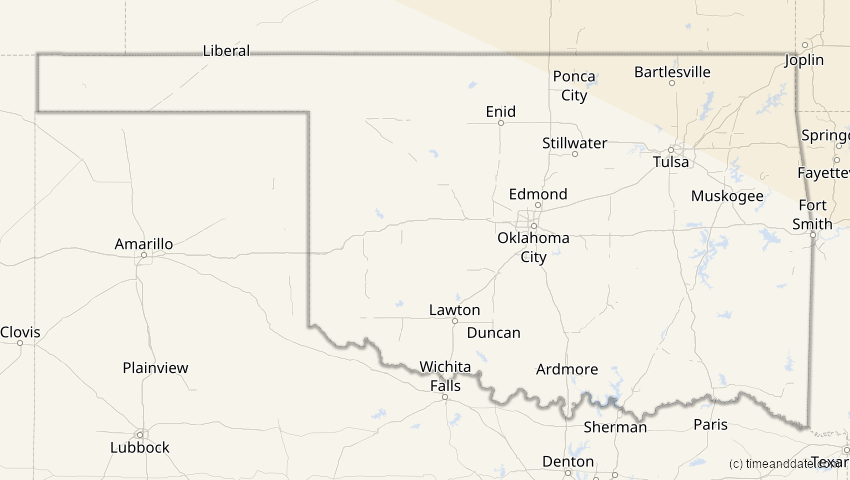 A map of Oklahoma, USA, showing the path of the 22. Jun 2066 Ringförmige Sonnenfinsternis