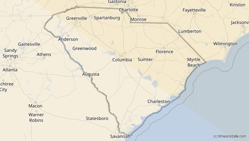 A map of South Carolina, USA, showing the path of the 22. Jun 2066 Ringförmige Sonnenfinsternis