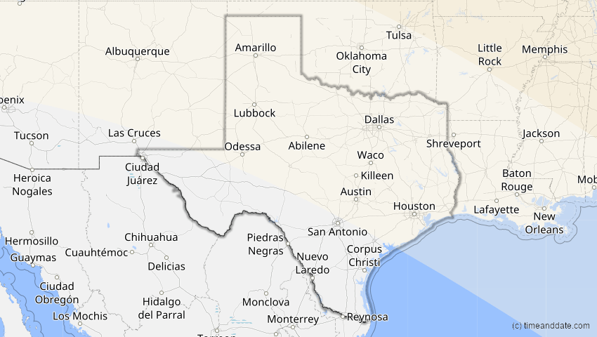 A map of Texas, USA, showing the path of the 22. Jun 2066 Ringförmige Sonnenfinsternis