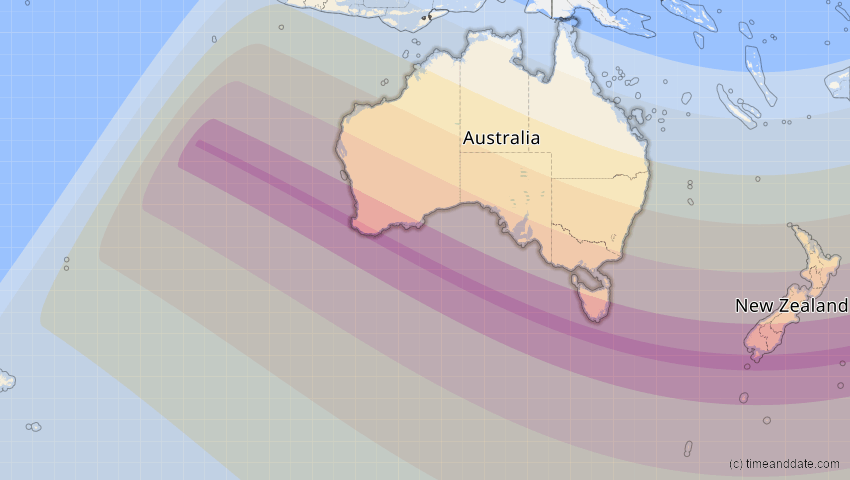 A map of Australien, showing the path of the 17. Dez 2066 Totale Sonnenfinsternis