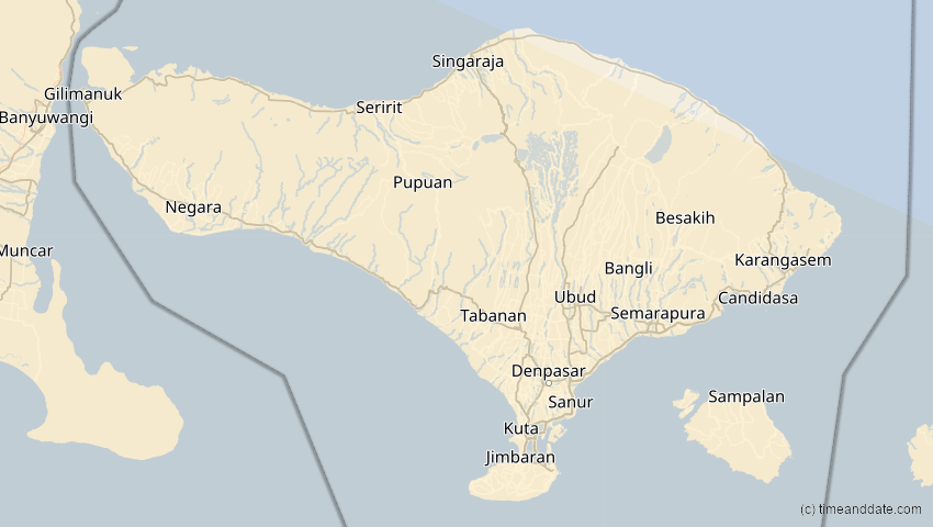 A map of Bali, Indonesien, showing the path of the 17. Dez 2066 Totale Sonnenfinsternis