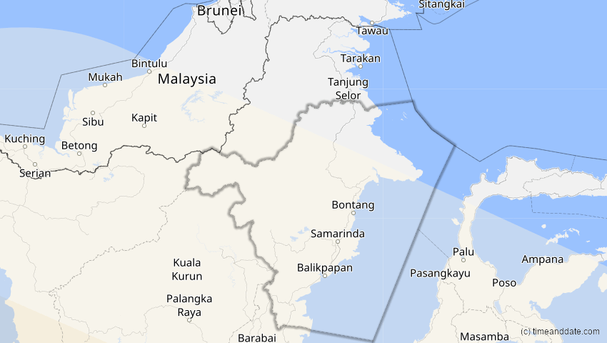 A map of Kalimantan Timur, Indonesien, showing the path of the 17. Dez 2066 Totale Sonnenfinsternis