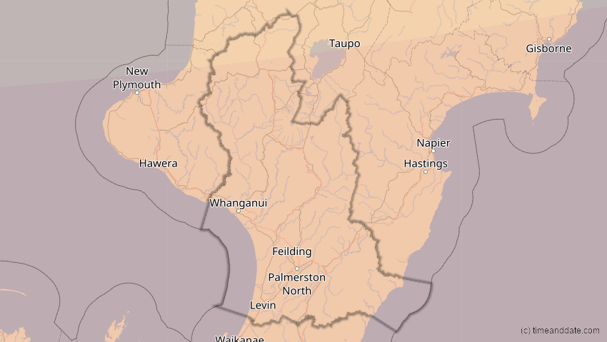 A map of Manawatu-Whanganui, Neuseeland, showing the path of the 17. Dez 2066 Totale Sonnenfinsternis