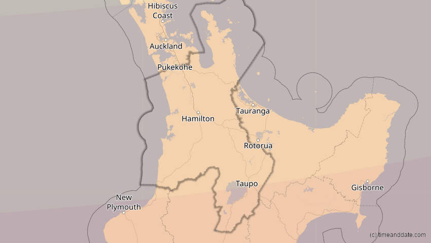 A map of Waikato, Neuseeland, showing the path of the 17. Dez 2066 Totale Sonnenfinsternis