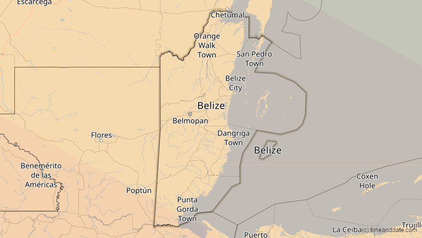 A map of Belize, showing the path of the 11. Jun 2067 Ringförmige Sonnenfinsternis