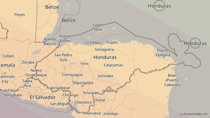 A map of Honduras, showing the path of the 11. Jun 2067 Ringförmige Sonnenfinsternis