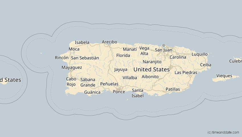 A map of Puerto Rico, showing the path of the 11. Jun 2067 Ringförmige Sonnenfinsternis
