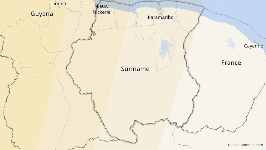 A map of Suriname, showing the path of the 11. Jun 2067 Ringförmige Sonnenfinsternis