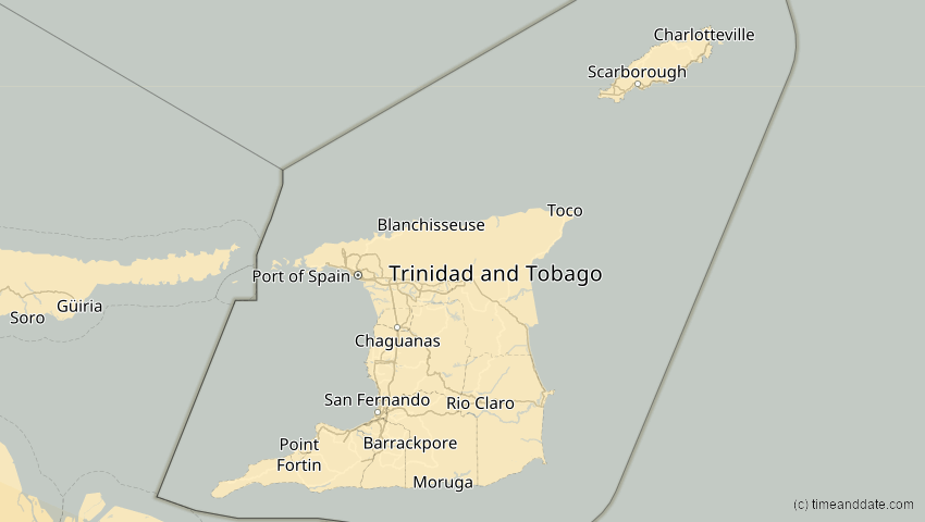 A map of Trinidad und Tobago, showing the path of the 11. Jun 2067 Ringförmige Sonnenfinsternis