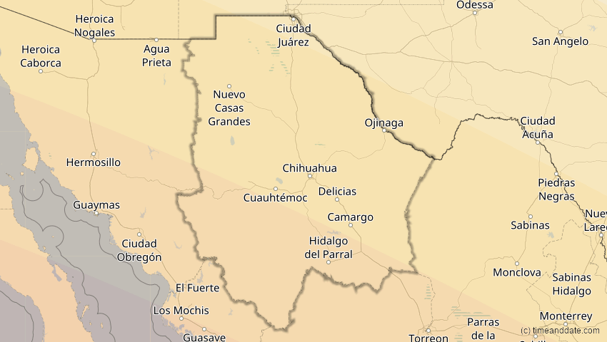 A map of Chihuahua, Mexiko, showing the path of the 11. Jun 2067 Ringförmige Sonnenfinsternis