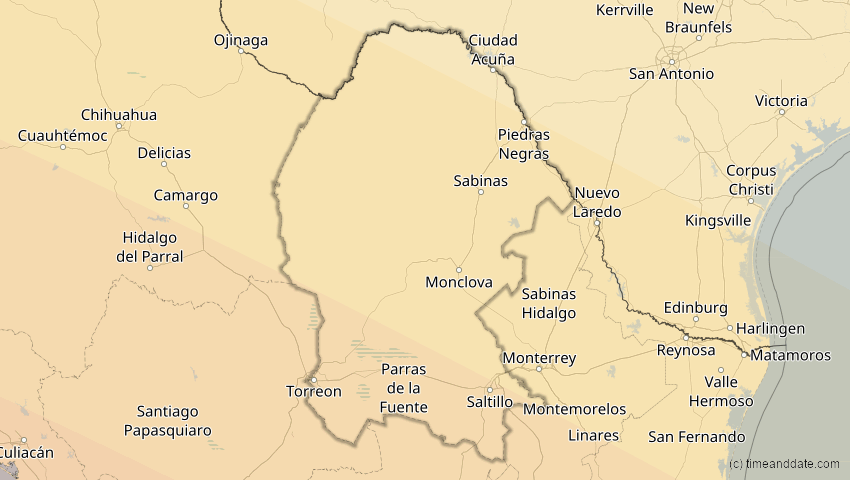 A map of Coahuila, Mexiko, showing the path of the 11. Jun 2067 Ringförmige Sonnenfinsternis