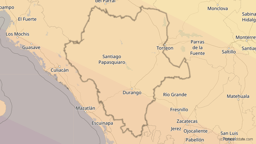 A map of Durango, Mexiko, showing the path of the 11. Jun 2067 Ringförmige Sonnenfinsternis