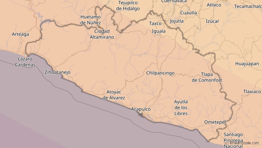 A map of Guerrero, Mexiko, showing the path of the 11. Jun 2067 Ringförmige Sonnenfinsternis