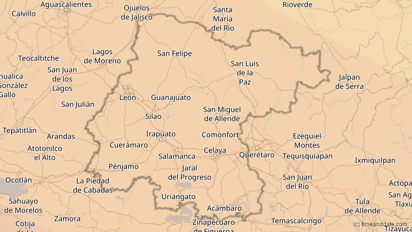 A map of Guanajuato, Mexiko, showing the path of the 11. Jun 2067 Ringförmige Sonnenfinsternis