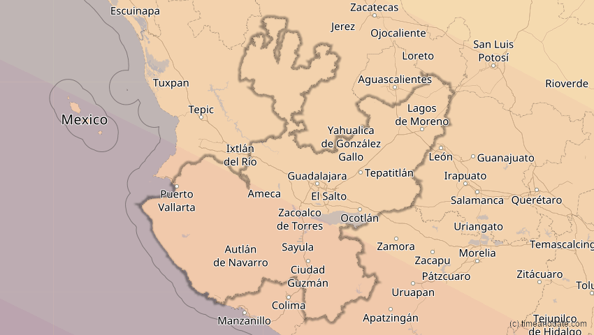 A map of Jalisco, Mexiko, showing the path of the 11. Jun 2067 Ringförmige Sonnenfinsternis