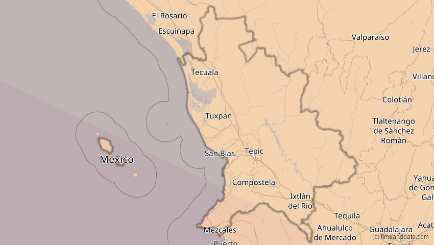 A map of Nayarit, Mexiko, showing the path of the 11. Jun 2067 Ringförmige Sonnenfinsternis