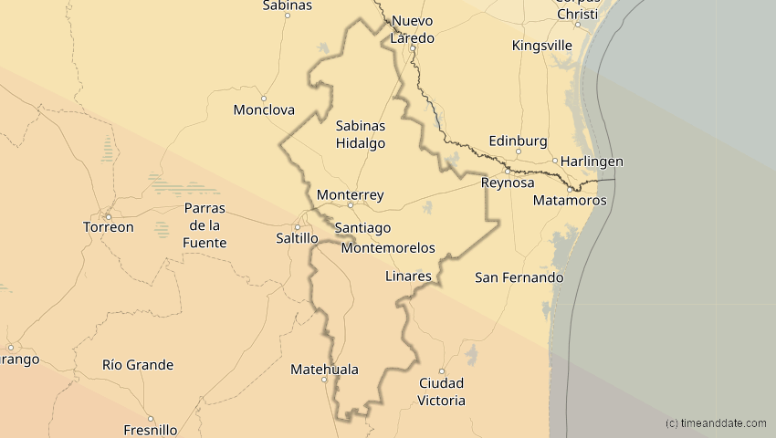 A map of Nuevo León, Mexiko, showing the path of the 11. Jun 2067 Ringförmige Sonnenfinsternis