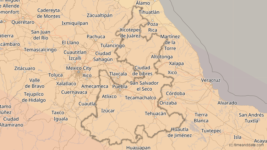 A map of Puebla, Mexiko, showing the path of the 11. Jun 2067 Ringförmige Sonnenfinsternis