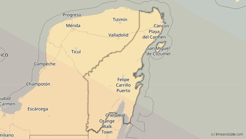A map of Quintana Roo, Mexiko, showing the path of the 11. Jun 2067 Ringförmige Sonnenfinsternis