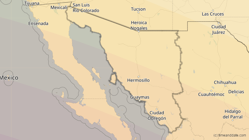 A map of Sonora, Mexiko, showing the path of the 11. Jun 2067 Ringförmige Sonnenfinsternis