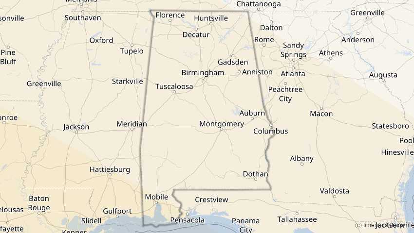 A map of Alabama, USA, showing the path of the 11. Jun 2067 Ringförmige Sonnenfinsternis
