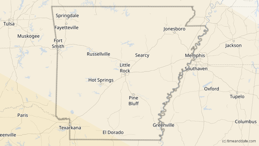 A map of Arkansas, USA, showing the path of the 11. Jun 2067 Ringförmige Sonnenfinsternis
