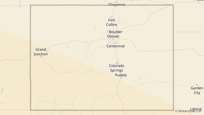 A map of Colorado, USA, showing the path of the 11. Jun 2067 Ringförmige Sonnenfinsternis