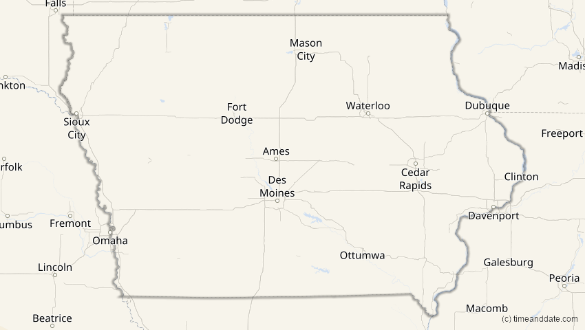 A map of Iowa, USA, showing the path of the 11. Jun 2067 Ringförmige Sonnenfinsternis