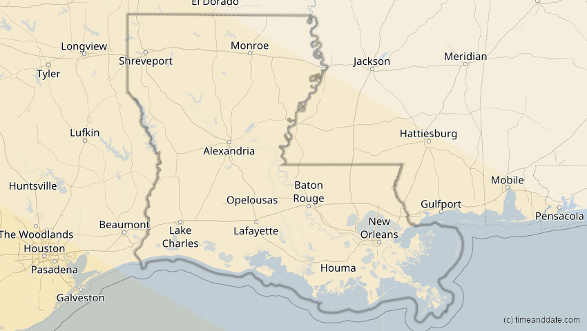 A map of Louisiana, USA, showing the path of the 11. Jun 2067 Ringförmige Sonnenfinsternis