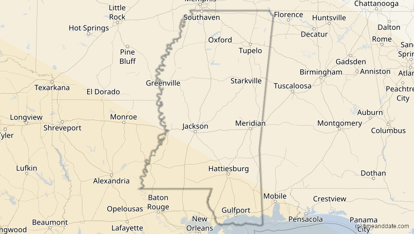 A map of Mississippi, USA, showing the path of the 11. Jun 2067 Ringförmige Sonnenfinsternis