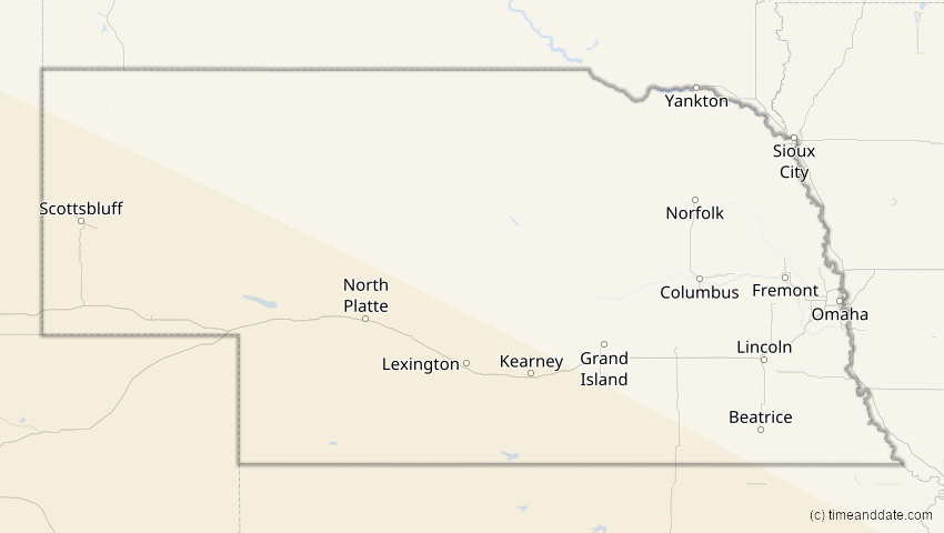 A map of Nebraska, USA, showing the path of the 11. Jun 2067 Ringförmige Sonnenfinsternis