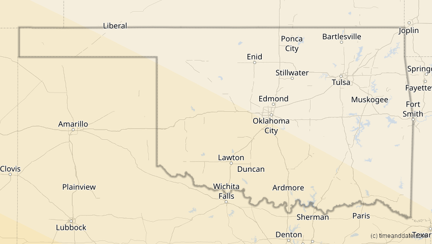 A map of Oklahoma, USA, showing the path of the 11. Jun 2067 Ringförmige Sonnenfinsternis