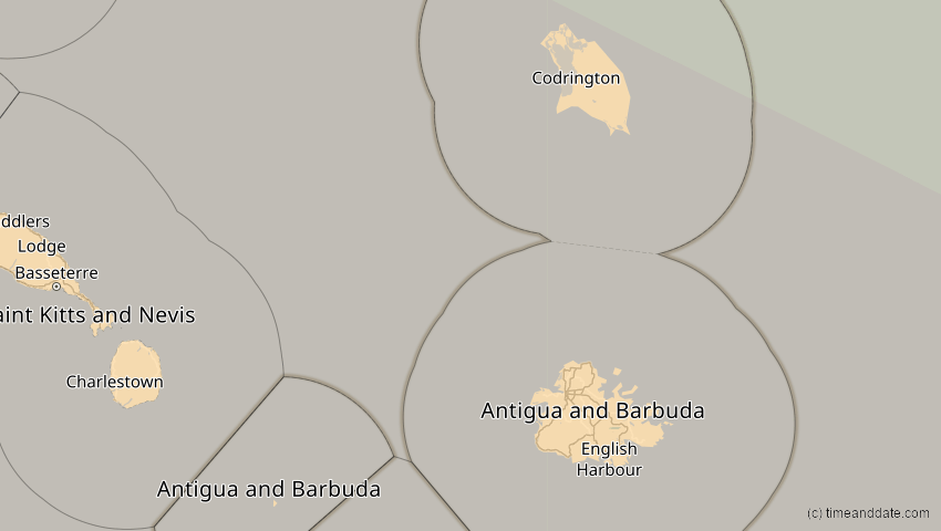 A map of Antigua und Barbuda, showing the path of the 6. Dez 2067 Totale Sonnenfinsternis