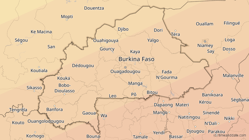 A map of Burkina Faso, showing the path of the 6. Dez 2067 Totale Sonnenfinsternis