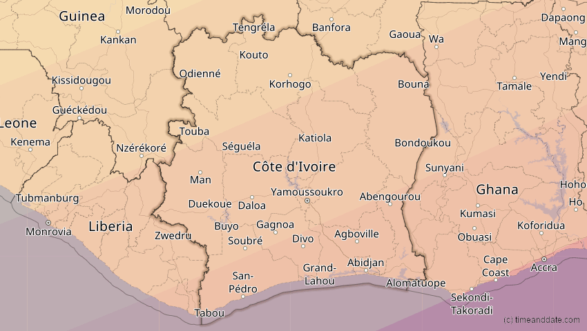 A map of Elfenbeinküste (Côte d'Ivoire), showing the path of the 6. Dez 2067 Totale Sonnenfinsternis