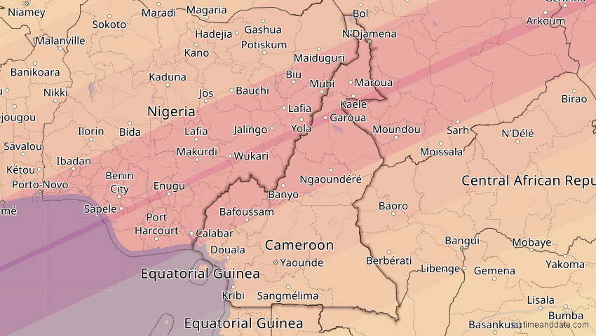 A map of Kamerun, showing the path of the 6. Dez 2067 Totale Sonnenfinsternis