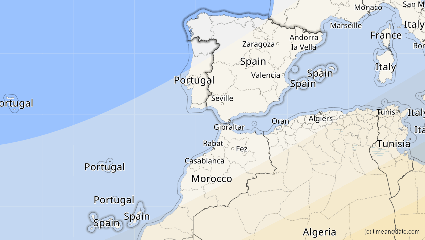A map of Spanien, showing the path of the 6. Dez 2067 Totale Sonnenfinsternis