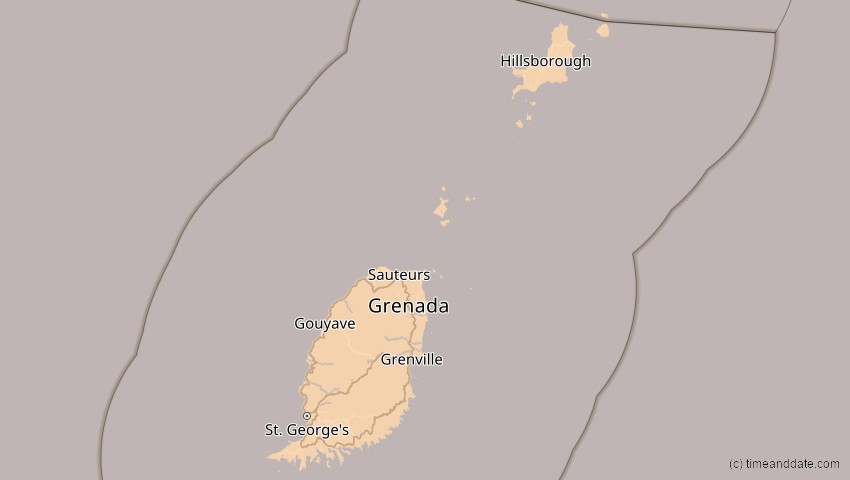 A map of Grenada, showing the path of the 6. Dez 2067 Totale Sonnenfinsternis