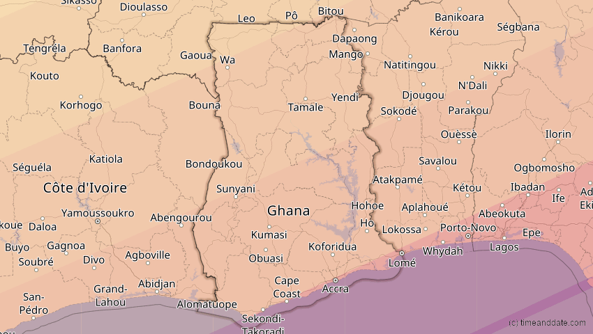 A map of Ghana, showing the path of the 6. Dez 2067 Totale Sonnenfinsternis