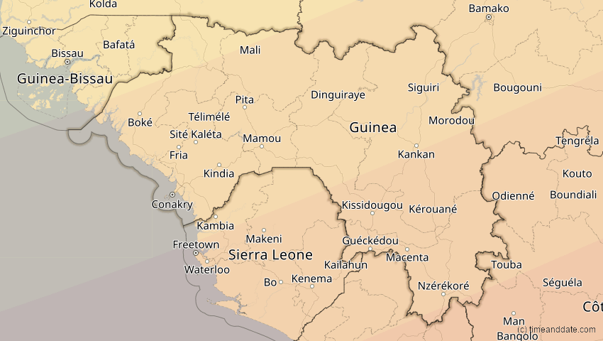 A map of Guinea, showing the path of the 6. Dez 2067 Totale Sonnenfinsternis