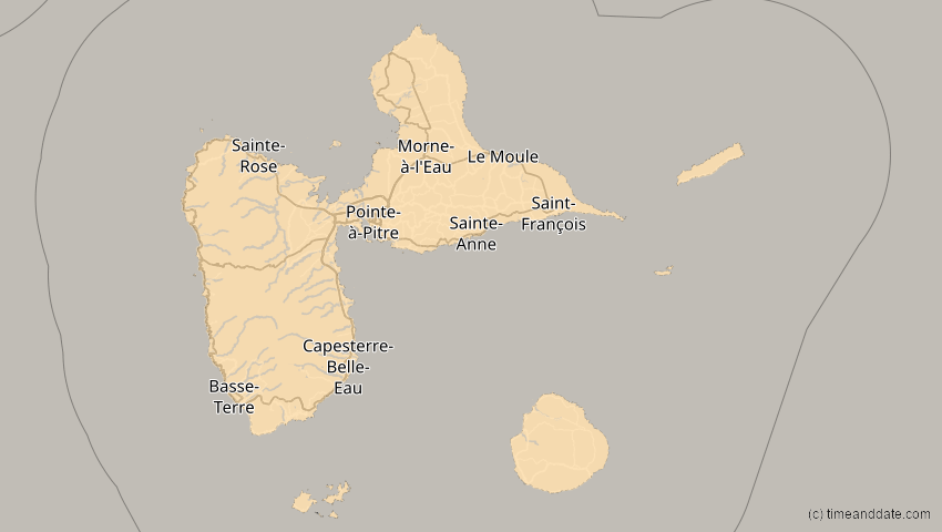 A map of Guadeloupe, showing the path of the 6. Dez 2067 Totale Sonnenfinsternis