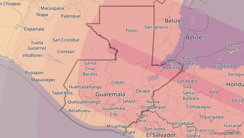 A map of Guatemala, showing the path of the 6. Dez 2067 Totale Sonnenfinsternis