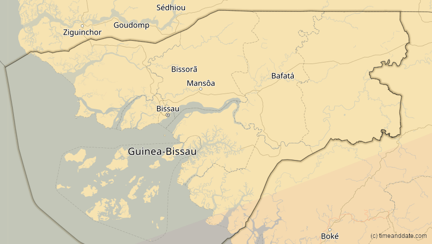 A map of Guinea-Bissau, showing the path of the 6. Dez 2067 Totale Sonnenfinsternis