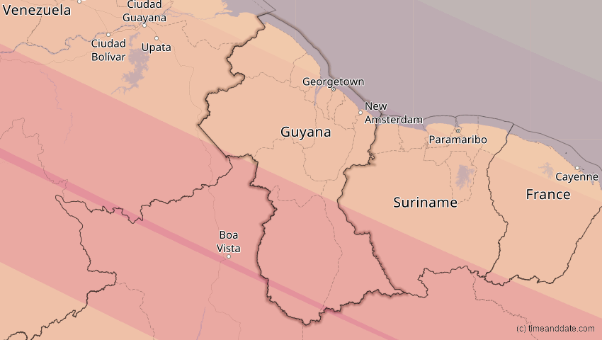 A map of Guyana, showing the path of the 6. Dez 2067 Totale Sonnenfinsternis
