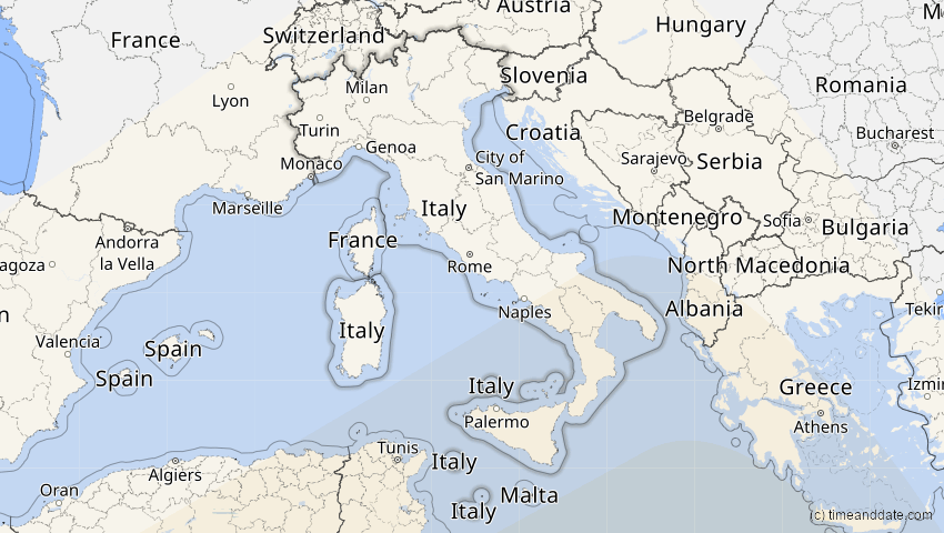 A map of Italien, showing the path of the 6. Dez 2067 Totale Sonnenfinsternis