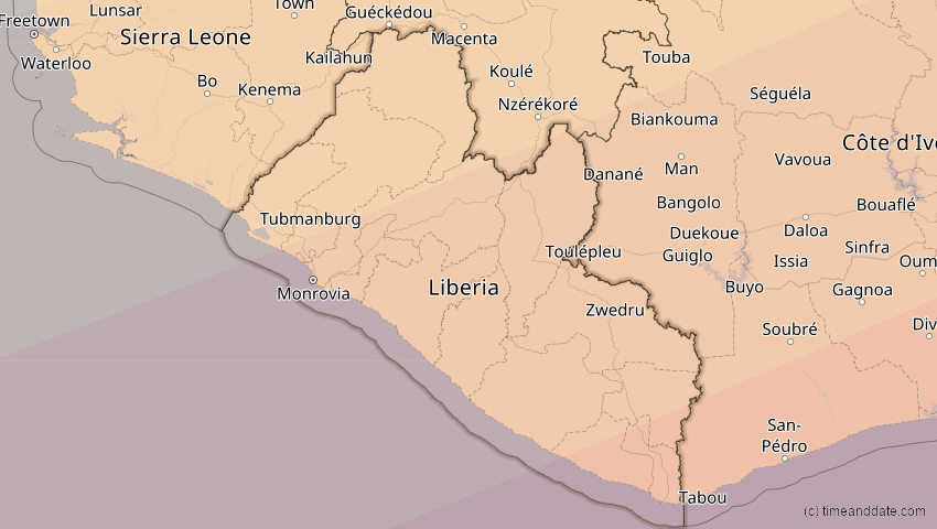 A map of Liberia, showing the path of the 6. Dez 2067 Totale Sonnenfinsternis