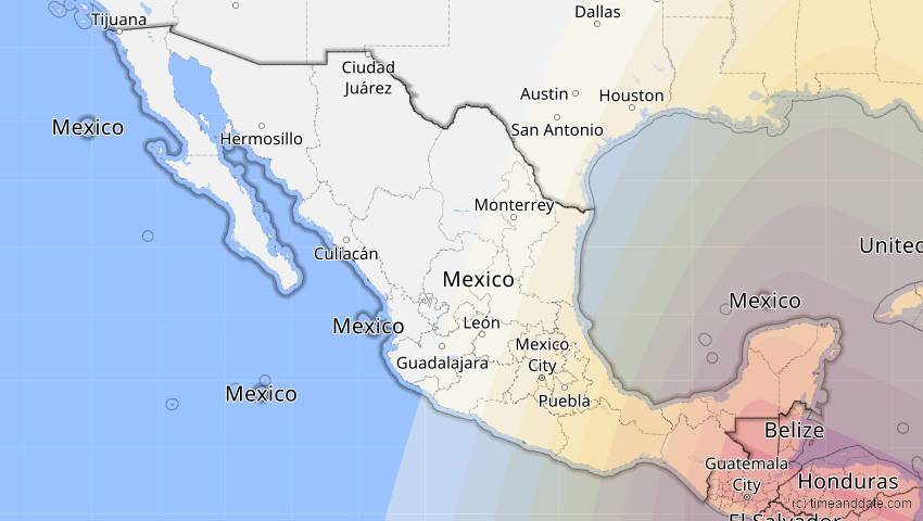 A map of Mexiko, showing the path of the 6. Dez 2067 Totale Sonnenfinsternis
