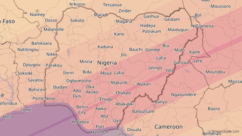 A map of Nigeria, showing the path of the 6. Dez 2067 Totale Sonnenfinsternis