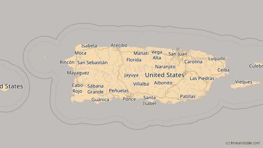 A map of Puerto Rico, showing the path of the 6. Dez 2067 Totale Sonnenfinsternis