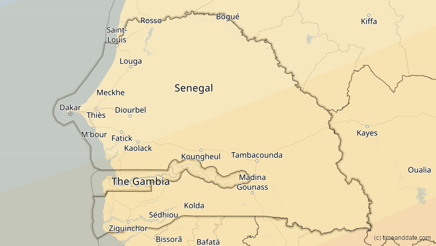 A map of Senegal, showing the path of the 6. Dez 2067 Totale Sonnenfinsternis